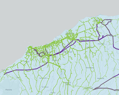 A map with green and purple lines showing the HV capacity of Powerco's electricity network